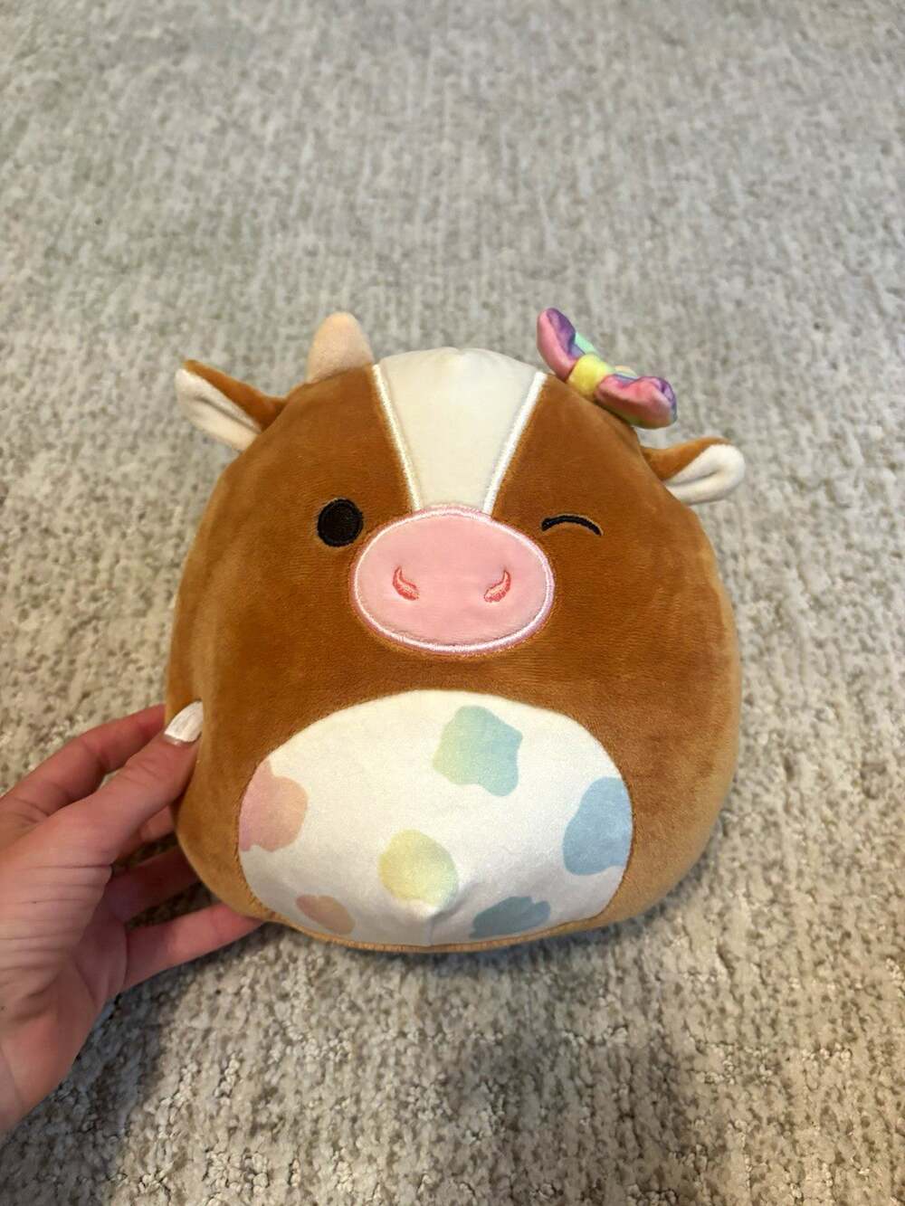 Kellytoy Squishmallows Cow Plush Doll Brown & White Pink Bow Washable
